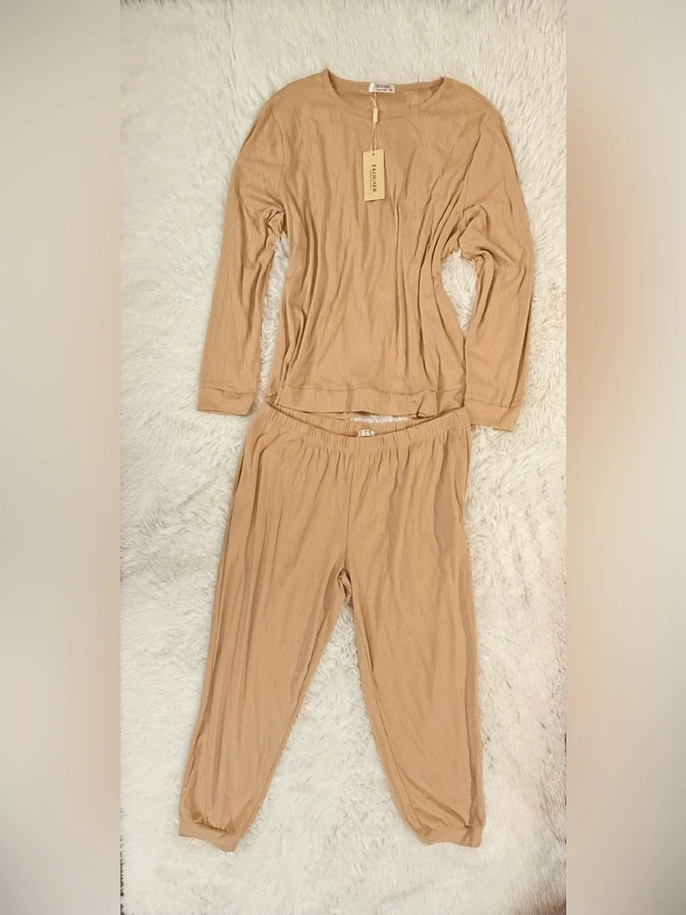 Women's Ribbed Lounge Set Size XXL Beige Tan Long Sleeve Pajama Pants 2pc